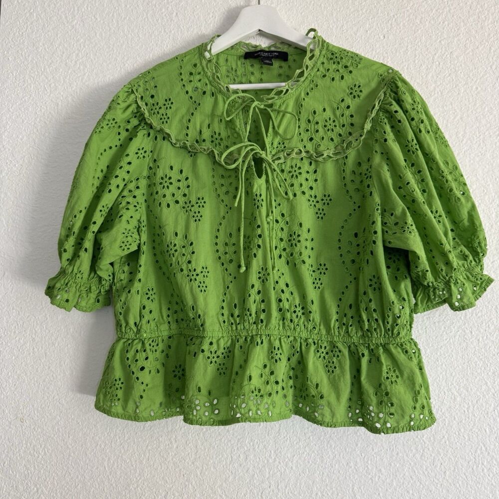 Marc New York 100% Cotton Sz XL Eyelet Boho Fairycore Romantic Blouse Lime Green - Picture 2 of 16